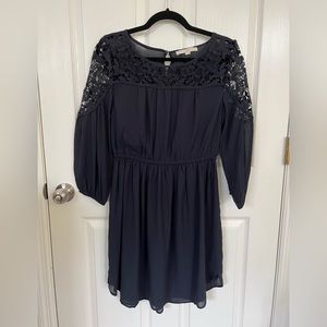 Loft Navy Dress with 3/4 Sleeve and Lace Detailing